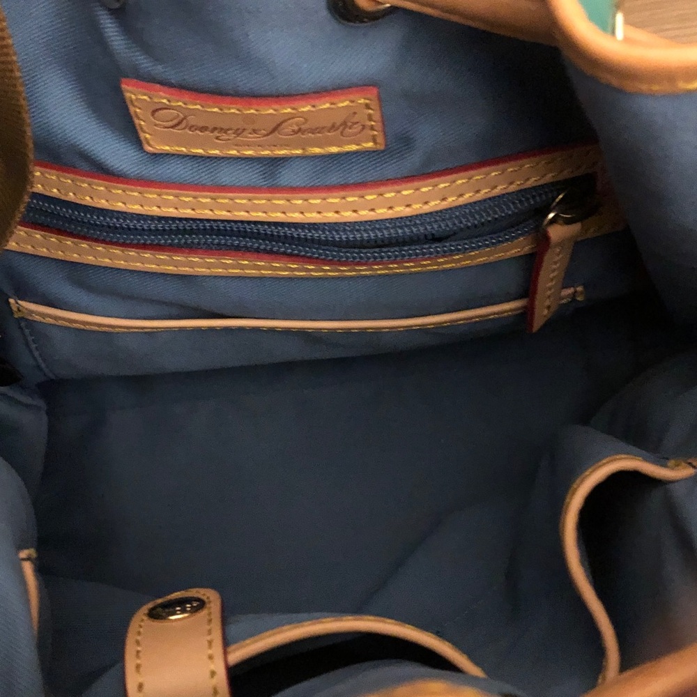 Dooney & Bourke Teal Patent Leather Drawstring Bucket Bag with Tan Trim - Picture 10 of 16